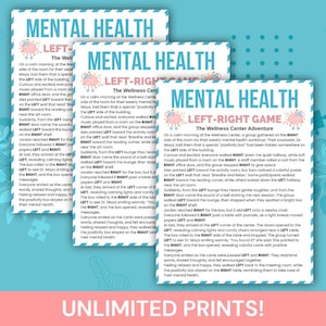 May include: A stack of printed sheets with the title "MENTAL HEALTH LEFT-RIGHT GAME". The sheets have text and illustrations of a pink pig. The bottom of the image has the text "UNLIMITED PRINTS!"