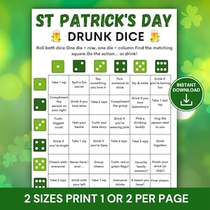 St. Patrick’s Day Drunk Dice Game, St Paddy’s Drinking Dice Party Game, Printable Irish Drinking Game, Adult Holiday Game Night