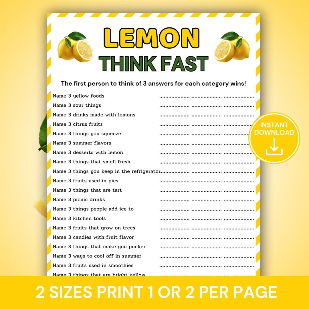 Lemon Think Fast Game, Lemon Theme Party Game Printable, Summer Citrus ...