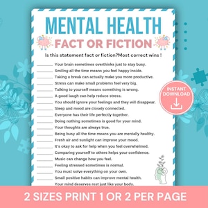 Mental Health Fact or Fiction Game, Mental Health Awareness Activity, Wellness Game for Teens & Adults, Therapy Group Game, Classroom SEL