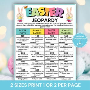 May include: Easter Jeopardy game board with categories such as Easter Facts and Famous Rabbits. Includes point values and clues for a fun holiday activity. Features bunny illustrations and the text "INSTANT DOWNLOAD".