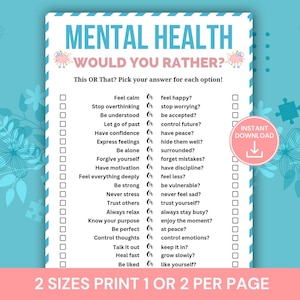 Może przedstawiać: Drukowana gra o zdrowiu psychicznym z tekstem "MENTAL HEALTH WOULD YOU RATHER?" w kolorze turkusowym i białym. Gra zawiera listę opcji, takich jak "Czuć się spokojnym czy czuć się szczęśliwym?" i "Być zrozumianym czy być zaakceptowanym?" z polami wyboru.
