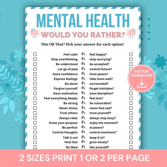 Mental Health Would You Rather Game Printable, Wellness This or That Game, Therapy Group Activity, Mental Health Icebreaker, Self Care Game