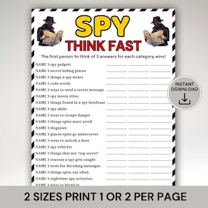 Utskrivbart spel för att tänka snabbt med spion, festspel för hemlig agent, spionfestaktivitet, spionspel för barn, detektivspel, isbrytare för snabbtänkande