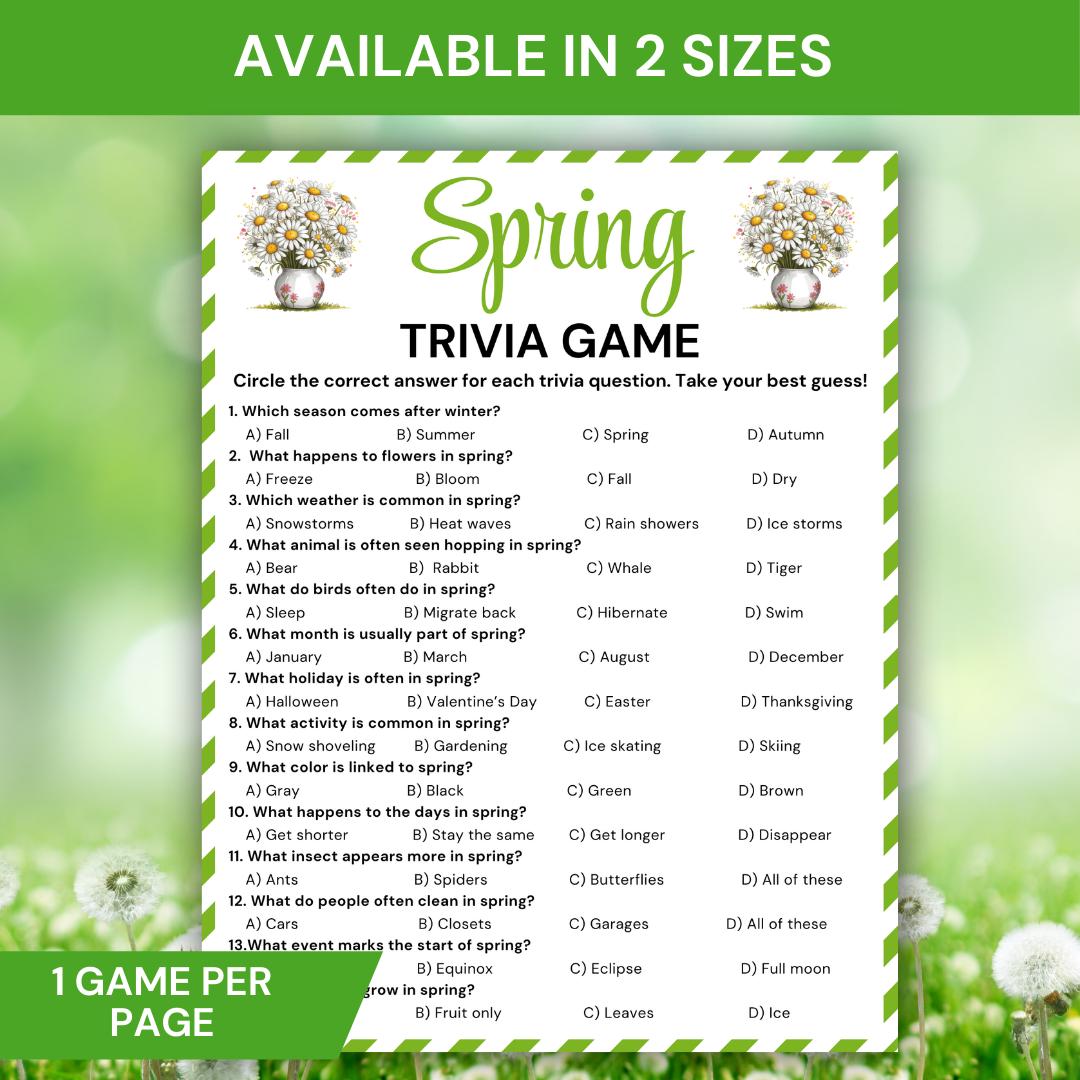 Spring Trivia Pdf Spring Trivia Game, Printable Spring Trivia Quiz for Kids & Adults, Fun ...