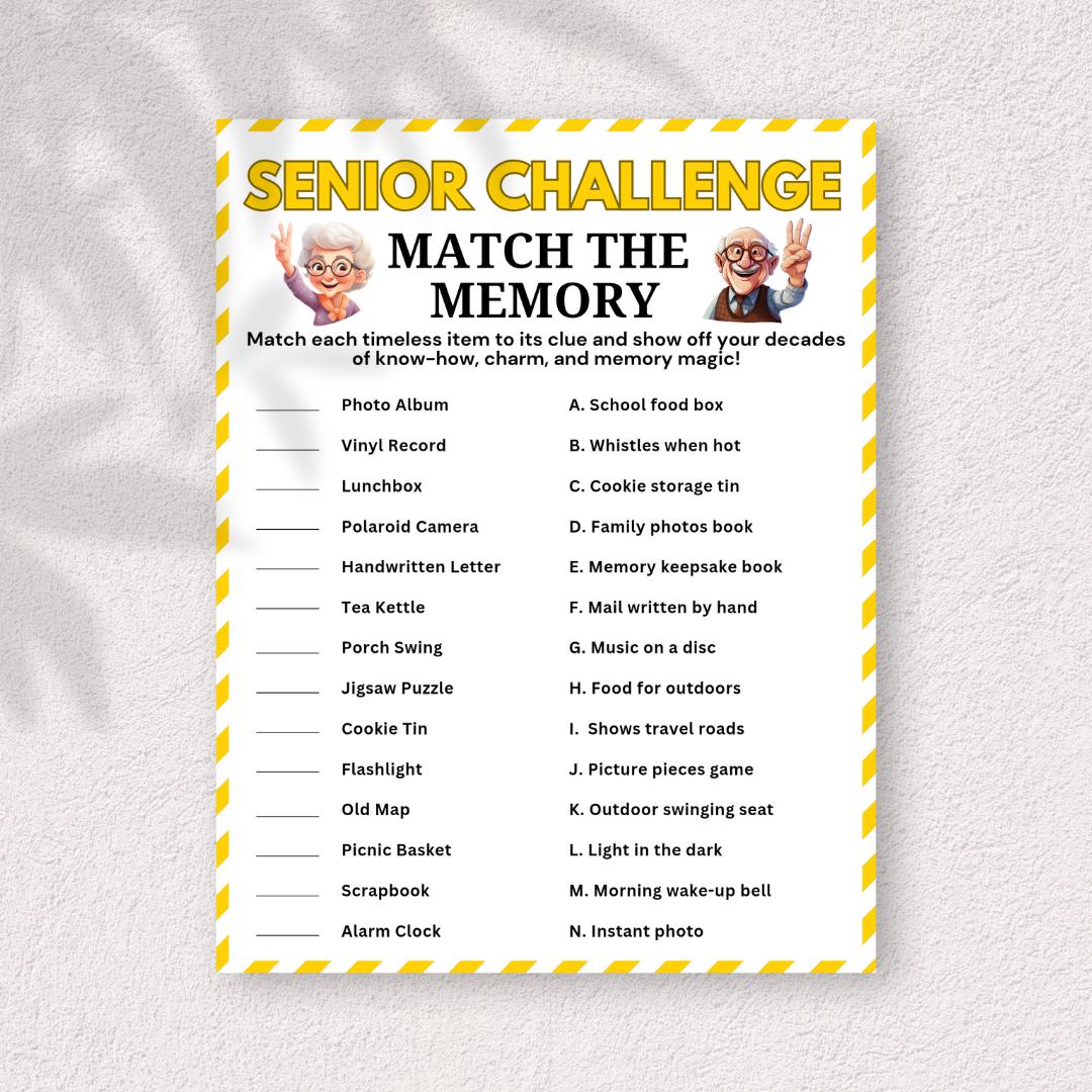 Senior Match the Memory Game, Printable Senior Activity Game, Memory ...