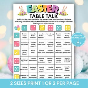 May include: A printable Easter-themed game board titled "Easter Table Talk." The colorful grid features questions about Easter traditions, candies, and activities. Includes the text "Instant Download" and "2 Sizes Print 1 or 2 per page."