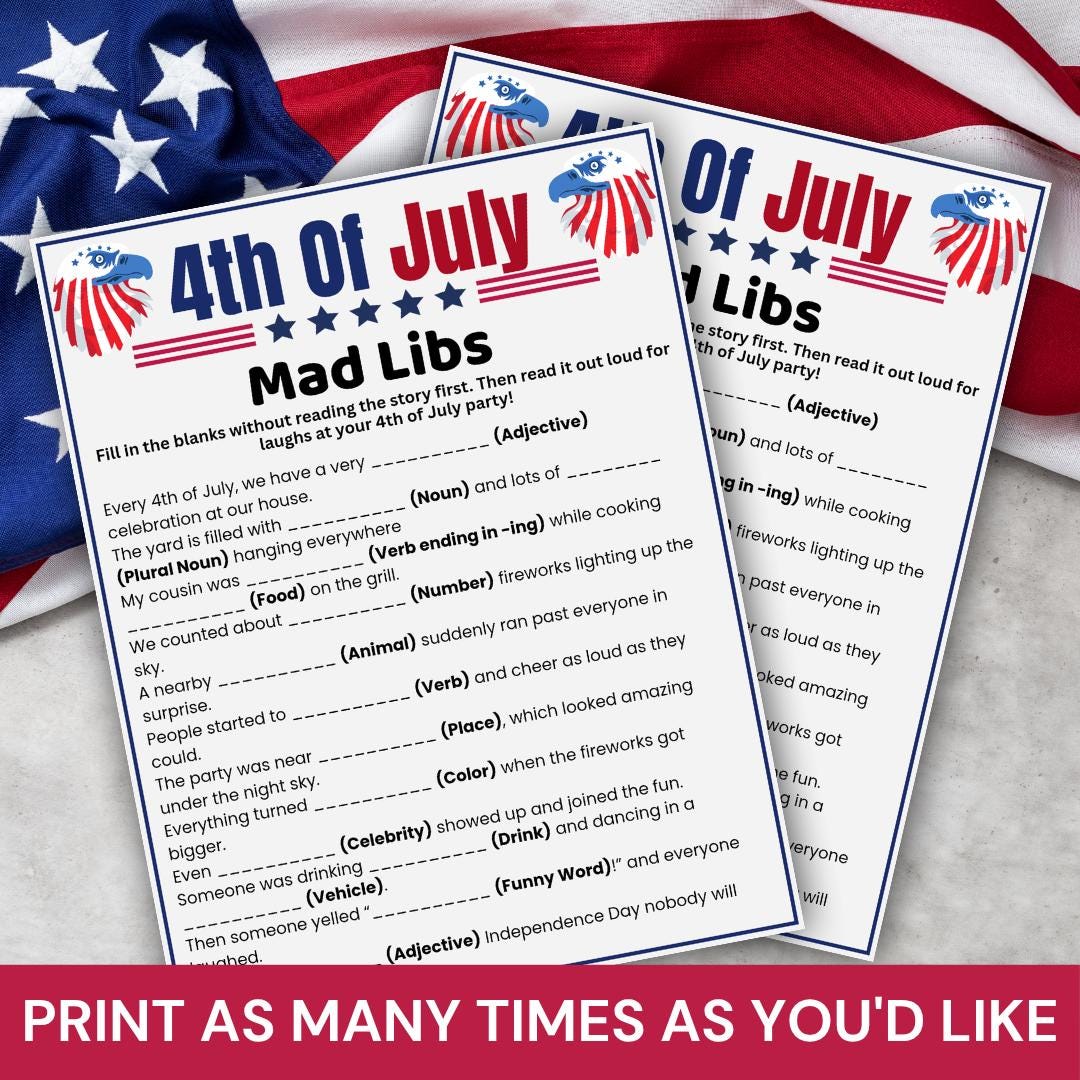 4th of July Mad Libs Game Printable, Fourth of July Party Game ...
