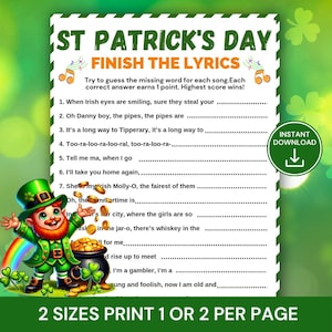 St. Patrick’s Day-spelet "Färdigställ texterna", utskrivbart irländskt musikquiz, festaktivitet för St. Patrick’s Day, roligt julspel för barn och vuxna