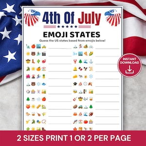 May include: A 4th of July Emoji States game sheet featuring a white background with blue text reading 4th of July Emoji States and Guess the US states based from emojis below. The page includes two columns of emoji sequences with blank lines for answers.