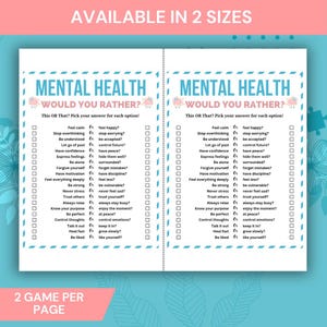 Może przedstawiać: Niebiesko-zielona i biała gra o zdrowiu psychicznym z tekstem "Mental Health Would You Rather?" i listą pytań. Gra jest dostępna w dw&oacute;ch rozmiarach i ma dwie gry na stronę.