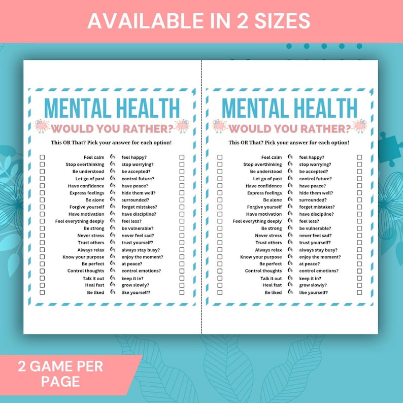 Może przedstawiać: Niebiesko-zielona i biała gra o zdrowiu psychicznym z tekstem "Mental Health Would You Rather?" i listą pytań. Gra jest dostępna w dw&oacute;ch rozmiarach i ma dwie gry na stronę.