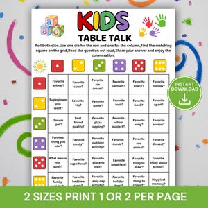 May include: A Kids Table Talk game sheet featuring a grid with dice icons for rows and columns. The text reads: Kids Table Talk, Roll both dice, Use one die for the row and one for the column, Find the matching square on the grid, Read the question out loud, Share your answer and enjoy the conversation. Includes an Instant Download icon.