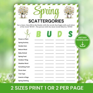 May include: A printable Spring Scattergories game with a green and white striped border. The game features the word "Spring" in cursive, the word "BUDS" in green, and categories to fill in. Includes a green "Instant Download" button and text: "2 Sizes Print 1 or 2 per page."