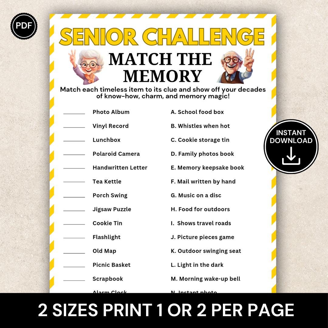 Senior Match the Memory Game, Printable Senior Activity Game, Memory ...