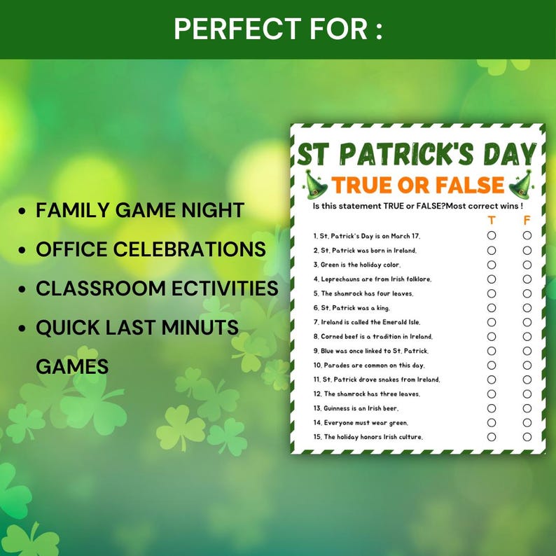 St. Patrick’s Day True or False Game, Printable Irish Trivia Quiz, St ...