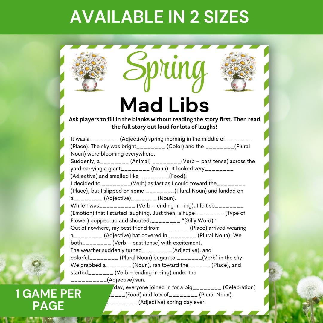 Spring Mad Libs Game, Printable Spring Party Game for Kids & Adults ...