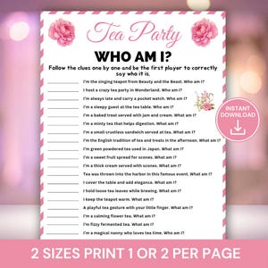 Può includere: Un gioco stampabile "Tea Party Who Am I?" rosa e bianco, con decorazioni floreali. Il gioco include indizi per indovinare elementi e personaggi legati al tè. Il testo "Download istantaneo" è visibile.