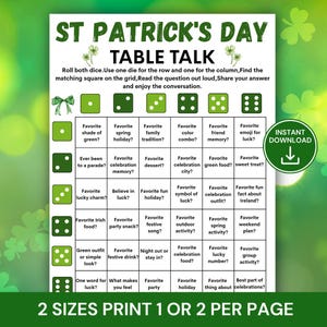 May include: A St. Patrick's Day themed game board with the title "Table Talk" and various questions. The grid features questions about favorite traditions, foods, and activities related to the holiday. Includes an "Instant Download" button.