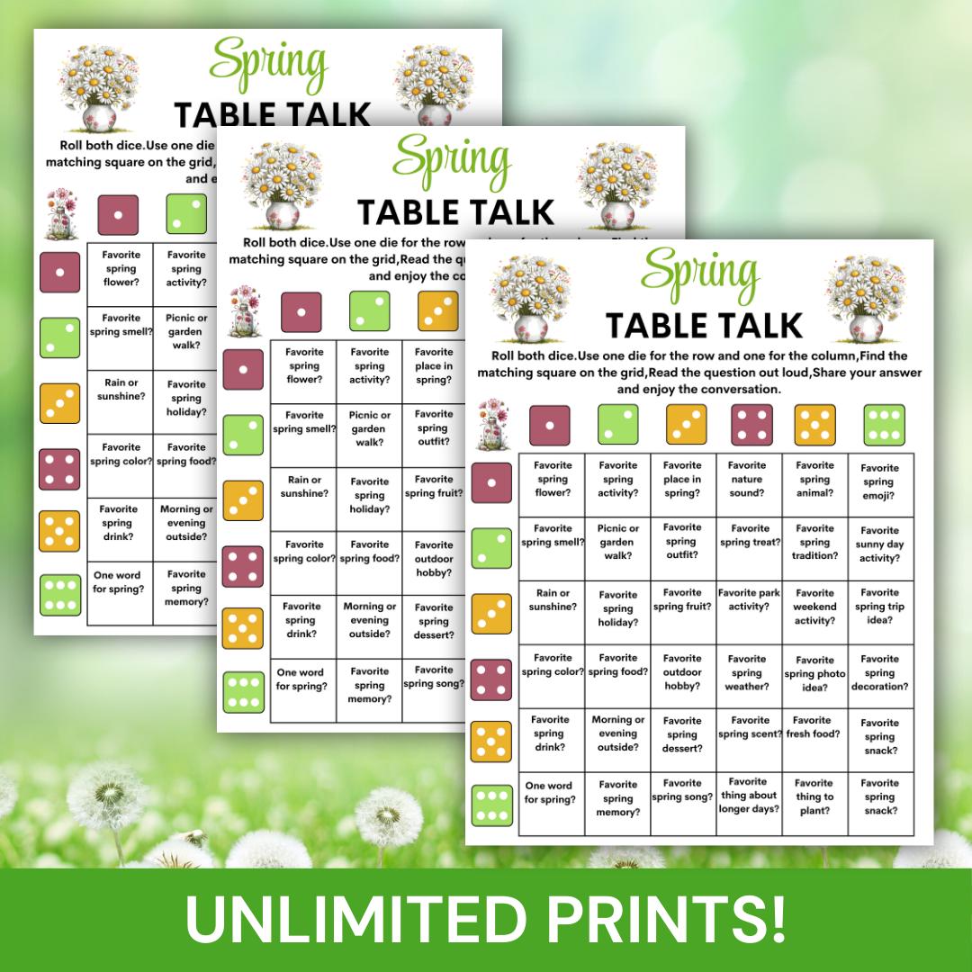 Spring Picture Talk Spring Table Talk Dice Game, Spring Conversation Starter Game, Spring ...