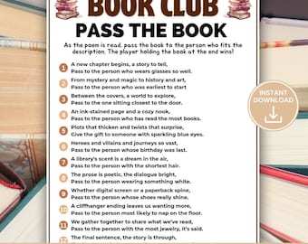 Book Club Pass the Book Game Printable, Pass the Prize Game, Book Club Icebreaker Game, Left Right Style Game, Book Club Party Activity