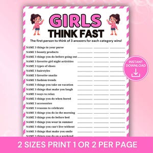 Girls Think Fast Game Printable, Sleepover Party Game, Teen Girls Game, Girls Night Activity, Quick Thinking Icebreaker, Fun Party Game