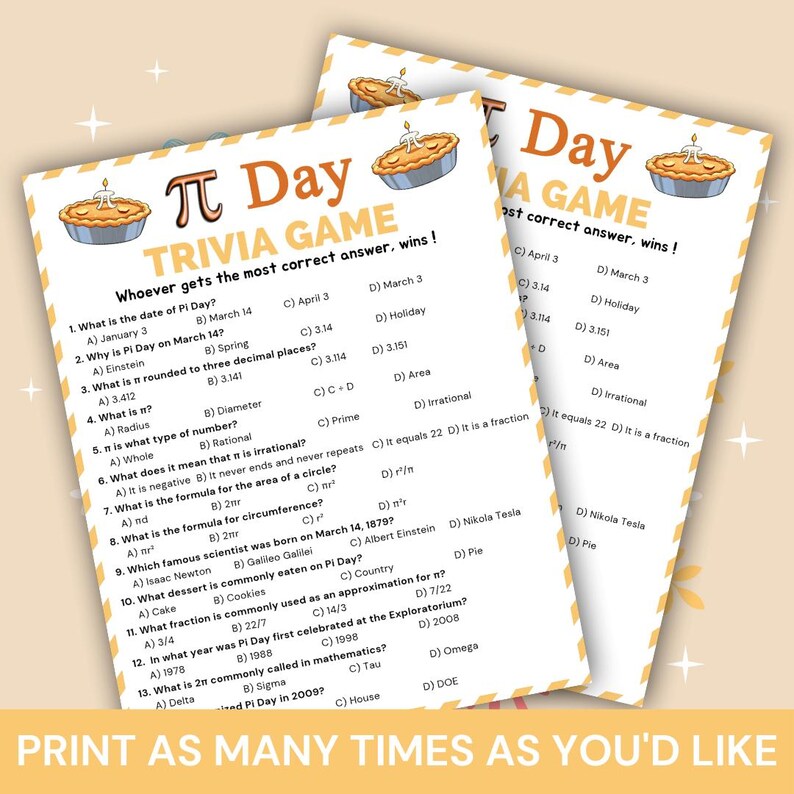 Pi Day Trivia Game Printable, Math Classroom Pi Day Quiz, March 14 ...
