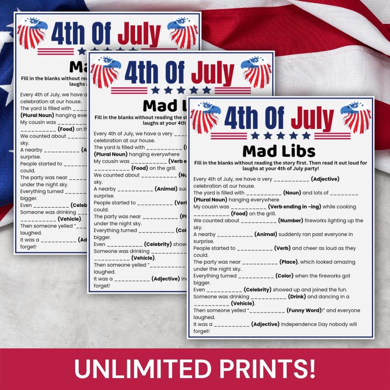 4th of July Mad Libs Game Printable, Fourth of July Party Game ...