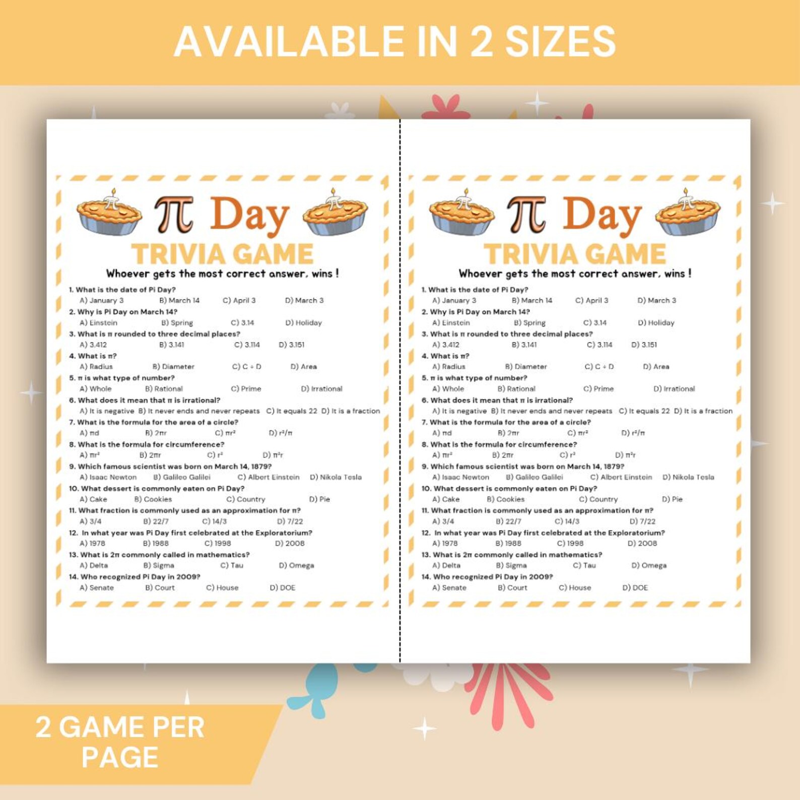 Pi Random Trivia Pi Day Trivia Game Printable, Math Classroom Pi Day Quiz, March 14 ...