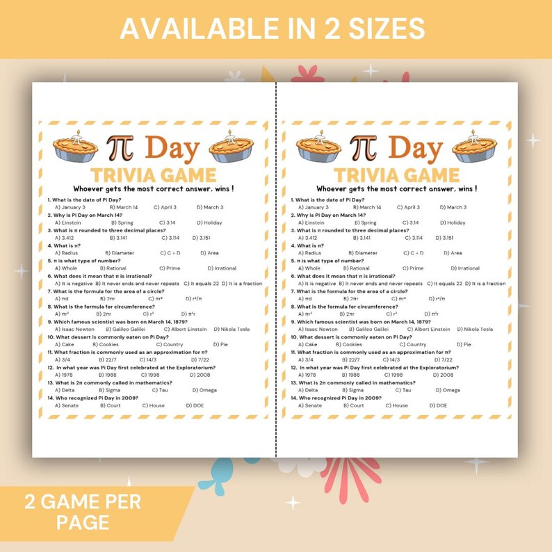 Pi Day Trivia Game Printable, Math Classroom Pi Day Quiz, March 14 ...