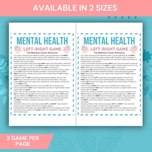 May include: Two-page Mental Health Left-Right Game, with text in a teal and pink color scheme. The text describes a wellness center adventure. The phrase "Available in 2 sizes" is at the top. The bottom of the image says "2 GAME PER PAGE".