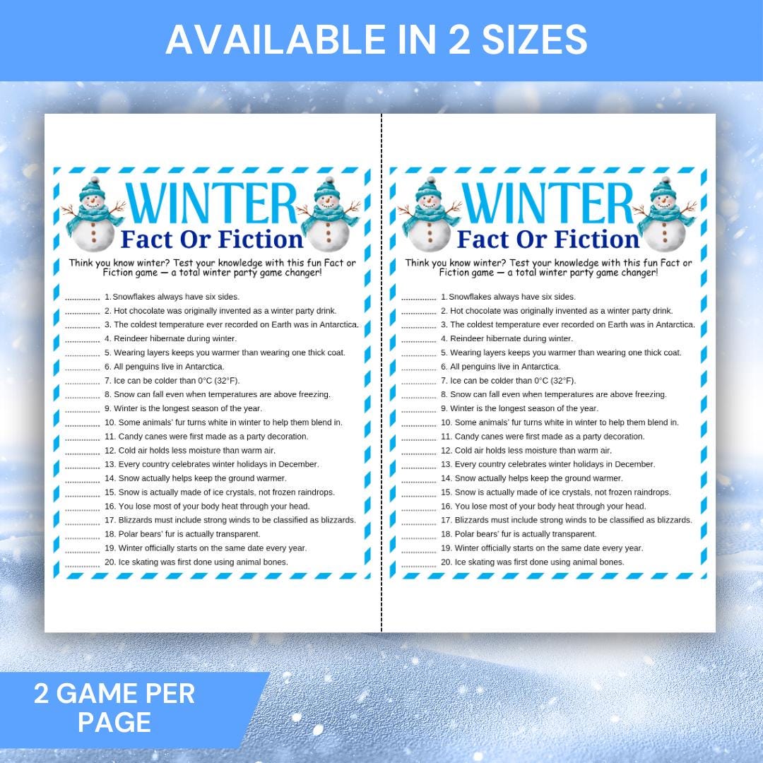 Winter Fact or Fiction Game, Winter Party Game, True or False Winter ...