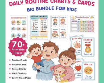 Kids Routine Chart Bundle, Visual Daily Schedule Cards, Behavior Tracker, Toddler Chore Printable PDF