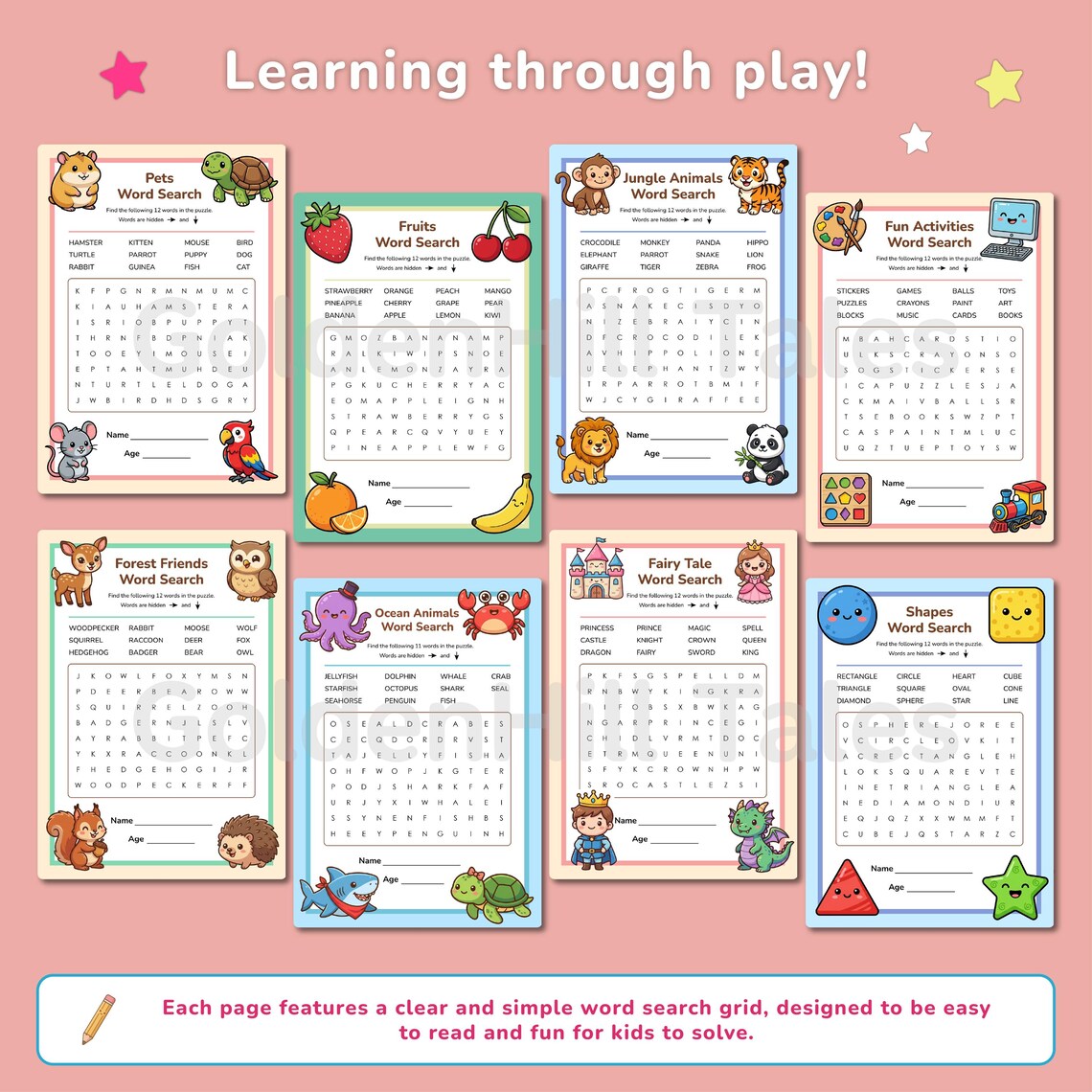 Word Search Kids Printable PDF, Easy Word Search Activity for Kids 5–8