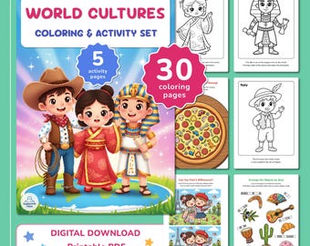 World Cultures Kids Coloring Book, Fun Learning Activity Pages (Digital Download)