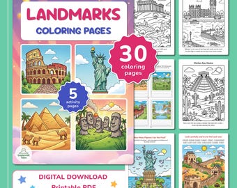 World Landmarks Coloring Book for Kids, Geography and Travel Activity, (Printable PDF)