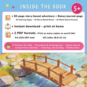 May include: A digital download for kids, featuring a story-based adventure with coloring pages, mazes, and word search puzzles. Includes two PDF formats, A4 (210x297 mm) and US Letter (8.5x11 in) sizes. The image shows a wooden bridge over a river.
