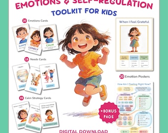 Kids Emotion Regulation Toolkit, Feelings Board, Printable SEL Cards PDF (Digital Download)
