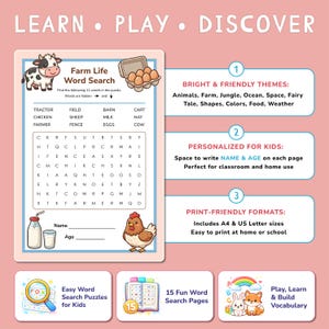 Road Trip Activity Pages for Kids, Animal Word Search PDF, Homeschool ...