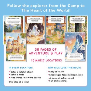 May include: A children's activity book with colorful illustrations of various locations, including a castle, crystal cave, and fairy village. The book features 50 pages of adventure and play, with activities like coloring, mazes, and word searches. Text on the cover reads "Follow the explorer from the Camp to The Heart of the World!"
