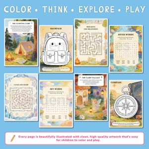 May include: A collection of illustrated activity pages for children, featuring mazes, word searches, and coloring pages. The pages include themes like camping, backpacks, rivers, fairies, and a compass. Text at the top reads "COLOR &bull; THINK &bull; EXPLORE &bull; PLAY".