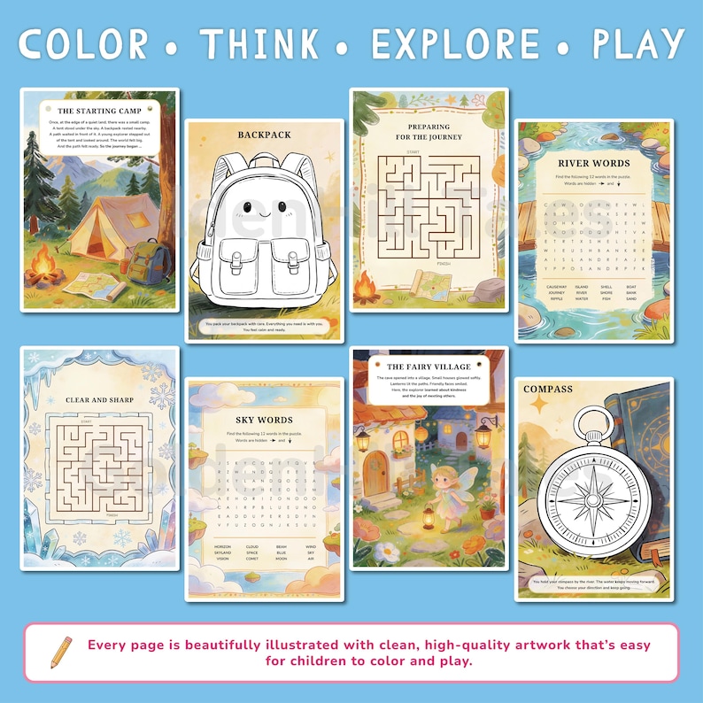 May include: A collection of illustrated activity pages for children, featuring mazes, word searches, and coloring pages. The pages include themes like camping, backpacks, rivers, fairies, and a compass. Text at the top reads "COLOR &bull; THINK &bull; EXPLORE &bull; PLAY".