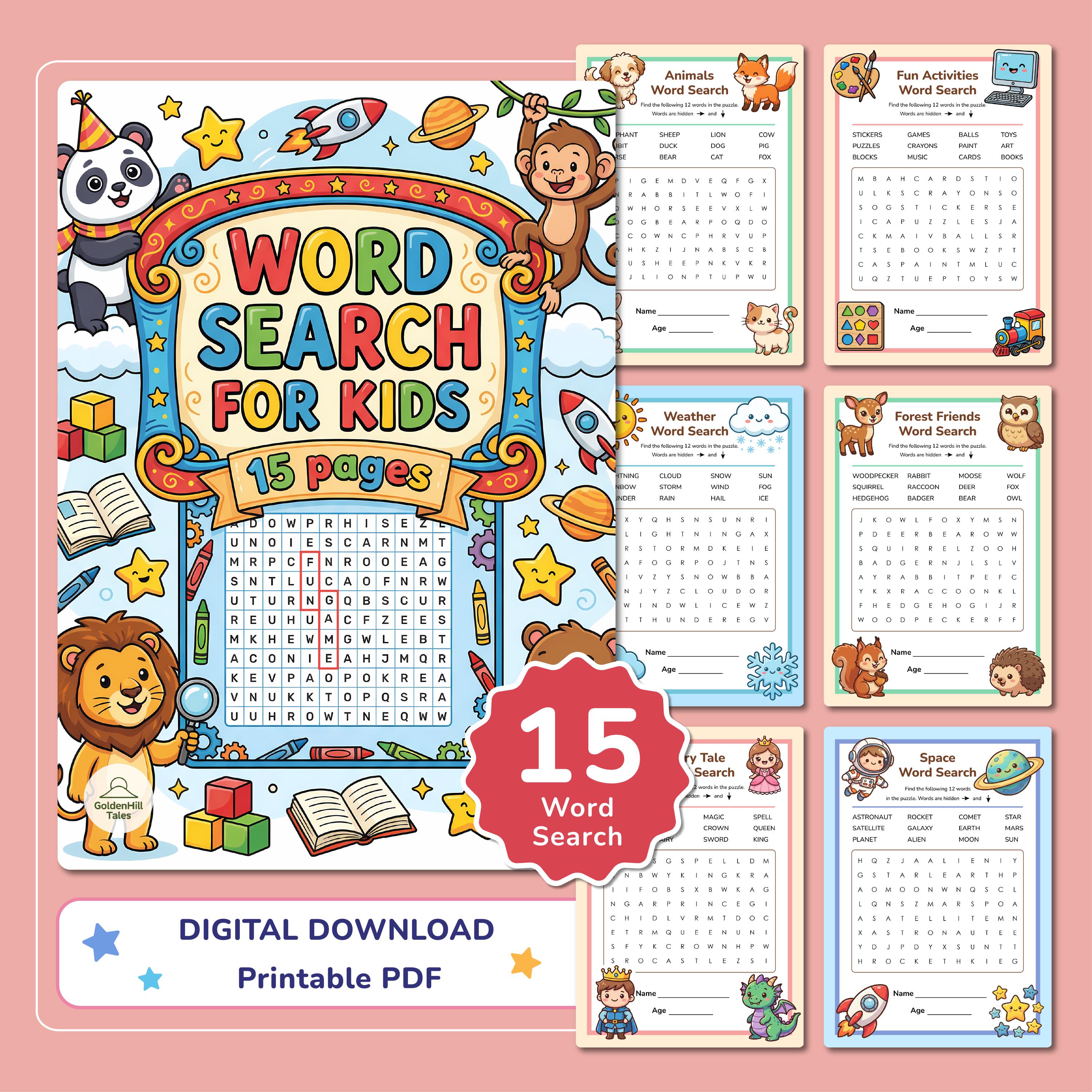 Word Search Kids Printable PDF, Easy Word Search Activity for Kids 5–8