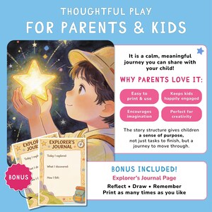 May include: An illustrated image promoting a children's activity. The image features a child holding a glowing star, with text that reads "Thoughtful Play For Parents & Kids." Includes Explorer's Journal pages and a bonus page.