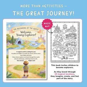 May include: A children's book titled "The Great Journey" with a map illustration. The cover features a young explorer and text that reads "Welcome, Young Explorer!" and "The Beginning of the Quest."