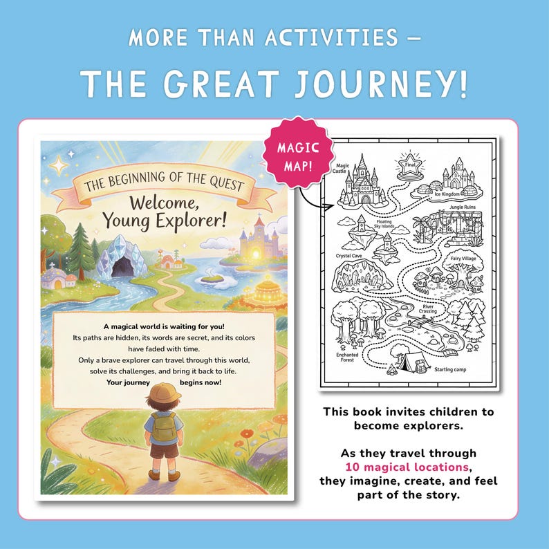 May include: A children's book titled "The Great Journey" with a map illustration. The cover features a young explorer and text that reads "Welcome, Young Explorer!" and "The Beginning of the Quest."