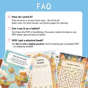 May include: Digital printable activity pages with a fantasy theme. The image shows three pages with mazes, word searches, and a story about the sky islands. The FAQ section answers questions about printing and tablet use.