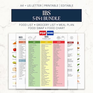May include: An IBS 5-in-1 bundle digital document set featuring a food list, grocery list, meal plan, food swap, and food chart. The pages include categorized columns for eating, limiting, and avoiding specific foods with text.