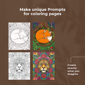 Midjourney prompt builder for coloring pages displayed as a digital tool, allowing users to create AI prompts for adult coloring book, coloring book for adults, animal coloring book and custom coloring book designs. Professional prompt generator used for creating unique adult coloring books for women, KDP coloring book interiors and digital coloring pages, compatible with Midjourney prompts, Stable Diffusion, Canva AI and Adobe Firefly.