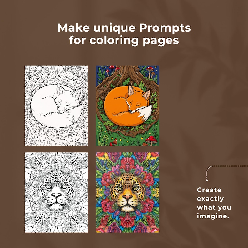 Midjourney prompt builder for coloring pages displayed as a digital tool, allowing users to create AI prompts for adult coloring book, coloring book for adults, animal coloring book and custom coloring book designs. Professional prompt generator used for creating unique adult coloring books for women, KDP coloring book interiors and digital coloring pages, compatible with Midjourney prompts, Stable Diffusion, Canva AI and Adobe Firefly.